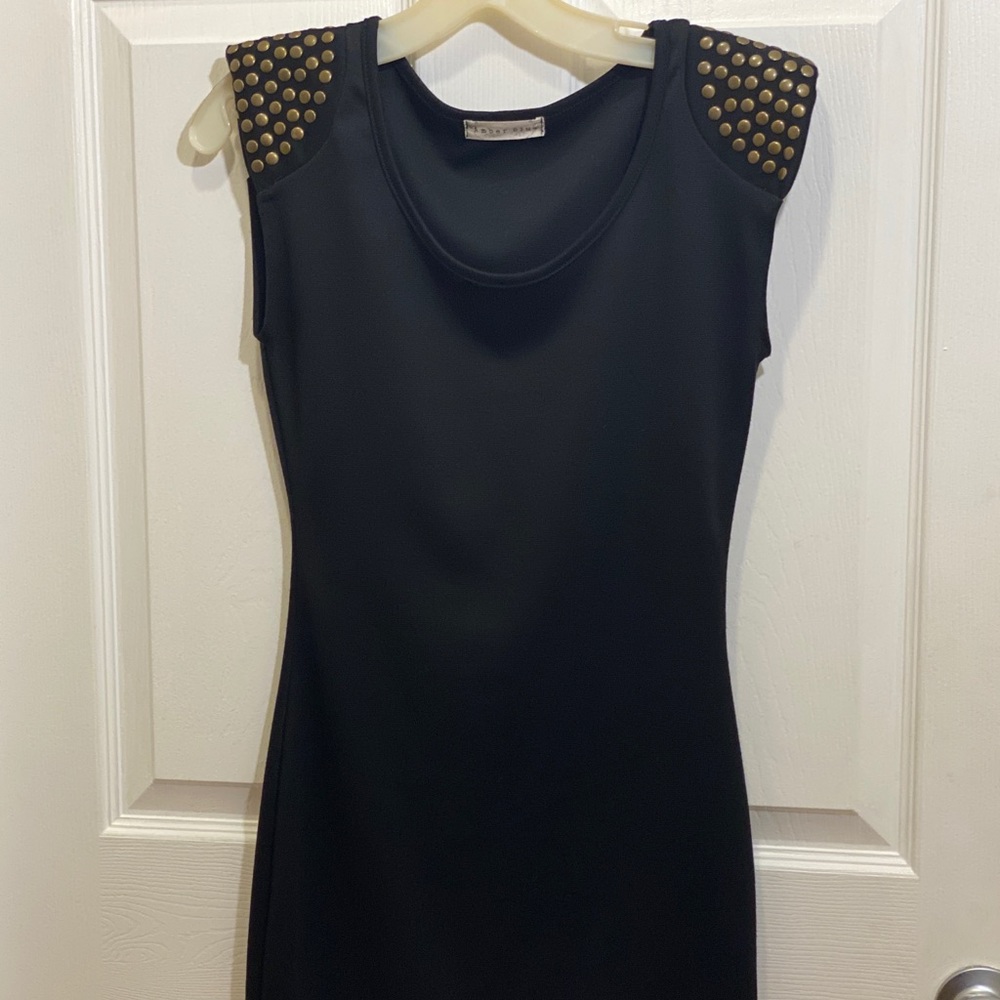 Amber blue black dress with studs on shoulders.